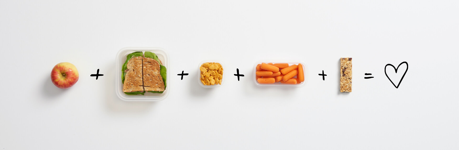 Apple, sandwich, crackers, baby carrots and a granola bar.