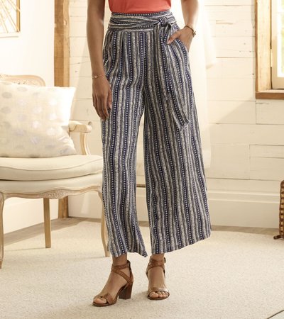 Belted Wide Leg Trousers - Vertical Brush Stripe
