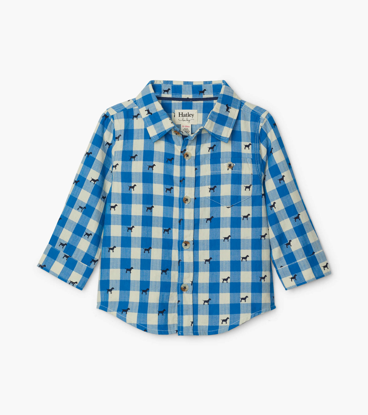 Agrandir l'image de Chemise boutonnée pour bébé – Chiots sur carreaux bleus