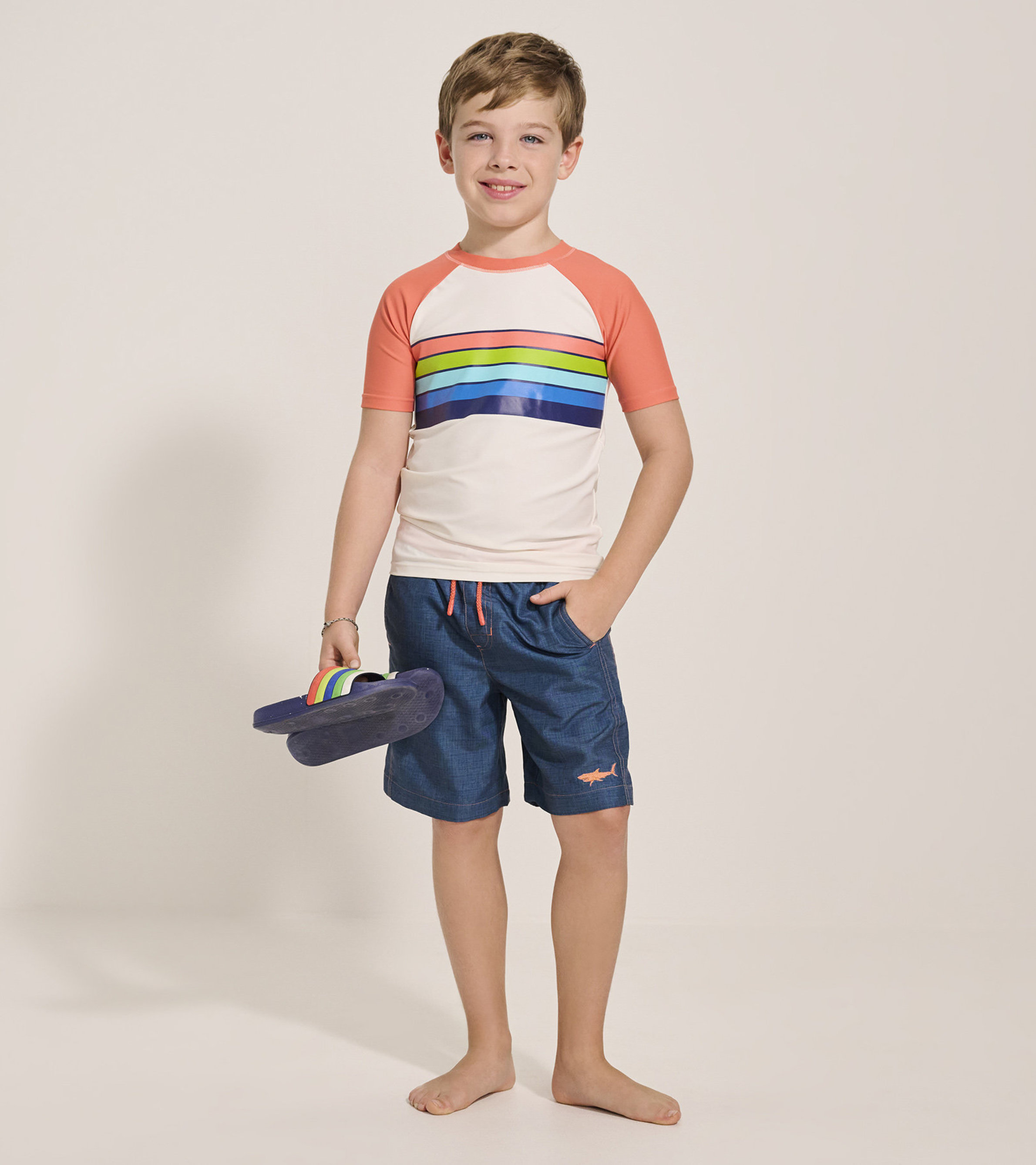 Boys' Short Sleeve Shark Printed & Striped Rash Guard Top & Swim