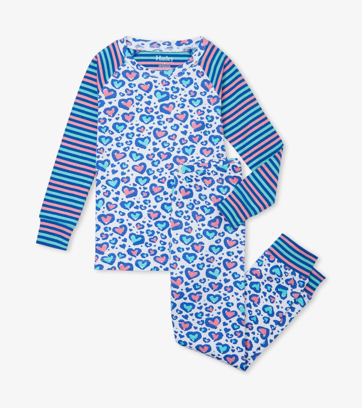 Agrandir l'image de Pyjama en coton biologique avec haut à manches raglan – Motif guépard en forme de cœurs