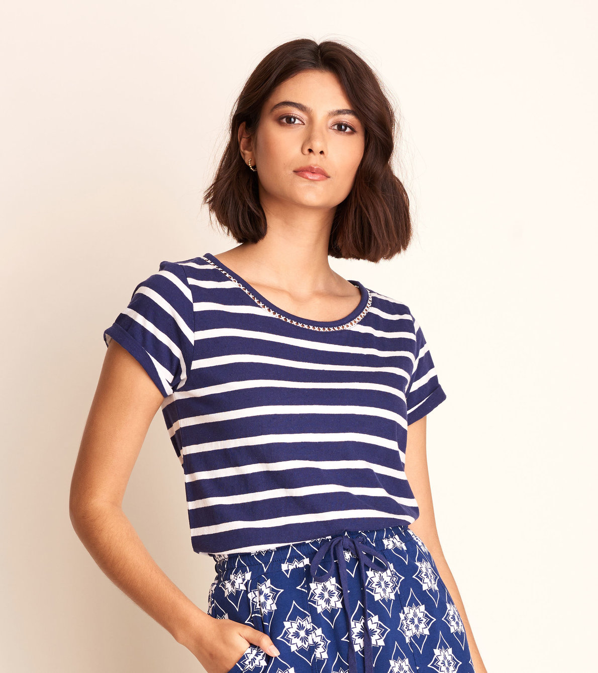 View larger image of Cotton Linen Tee - Navy and White Stripes
