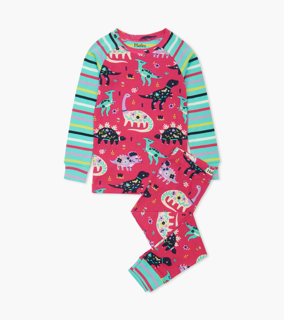 Agrandir l'image de Pyjama en coton biologique avec haut à manches raglan – Dinosaures en fleur