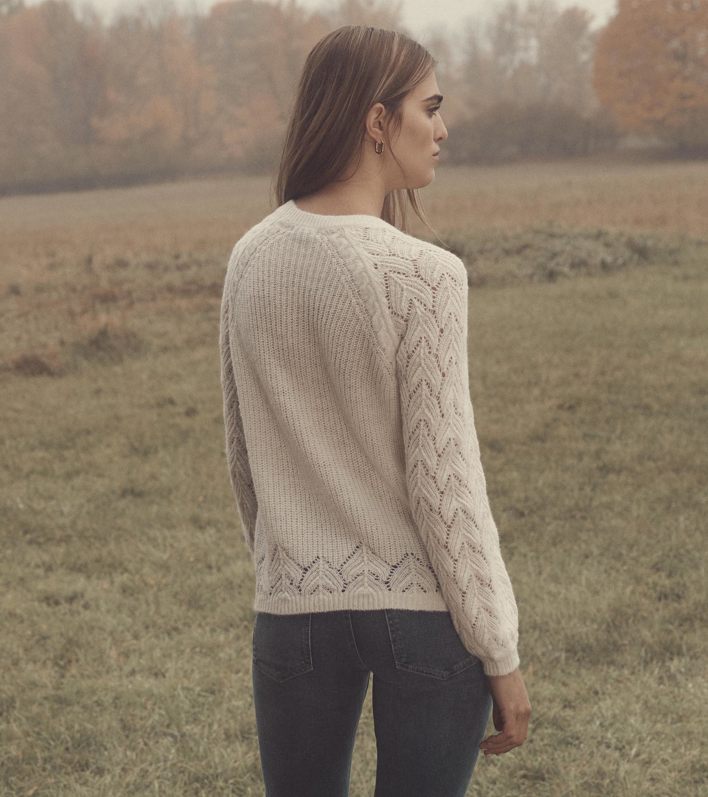 Floral Pattern Pointelle Knit Raglan Sleeve Sweater - Women's