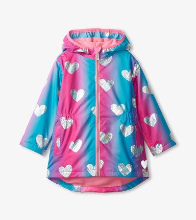 Girls Fun Hearts Zip-Up Lightweight Raincoat
