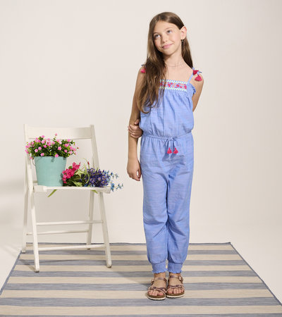 Girls Chambray Smocked Jumpsuit