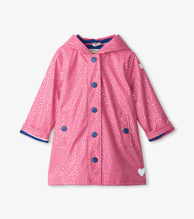 Girls Glitter Hearts Button-Up Rain Jacket