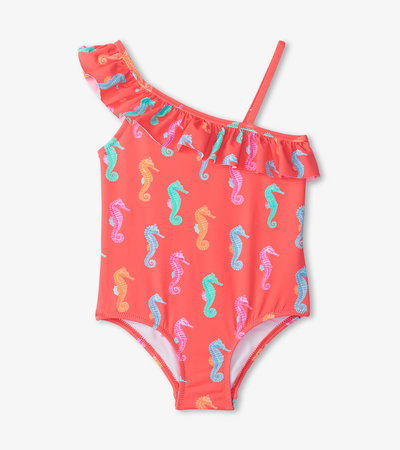 Girls Painted Sea Horses Ruffle Trim Swimsuit