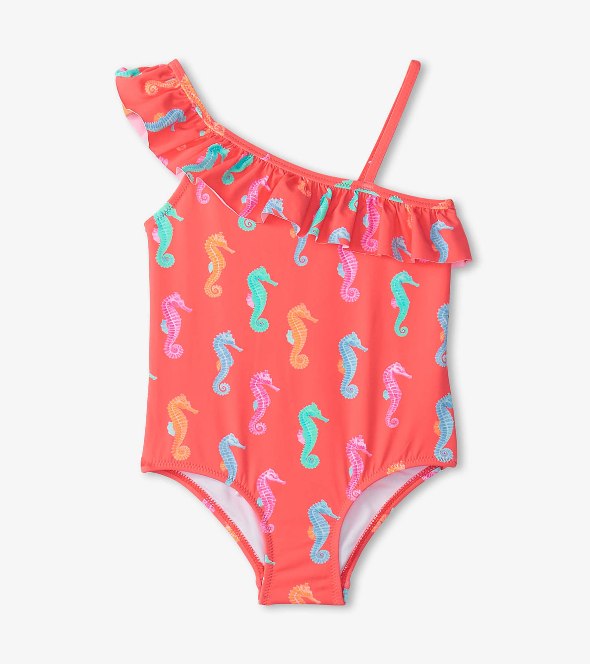 View larger image of Girls Painted Sea Horses Ruffle Trim Swimsuit