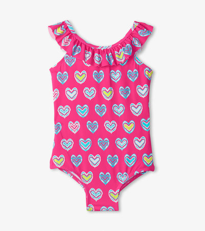 Girls Pink Shibori Hearts Ruffle Sleeve Swimsuit