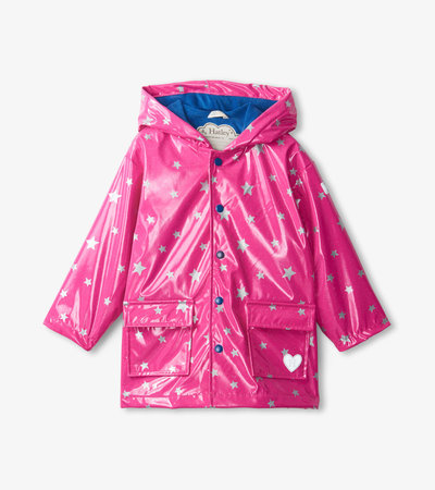 Girls Glitter Stars Button-Up Rain Jacket