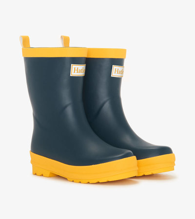 Kids Navy & Yellow Matte Rain Boots