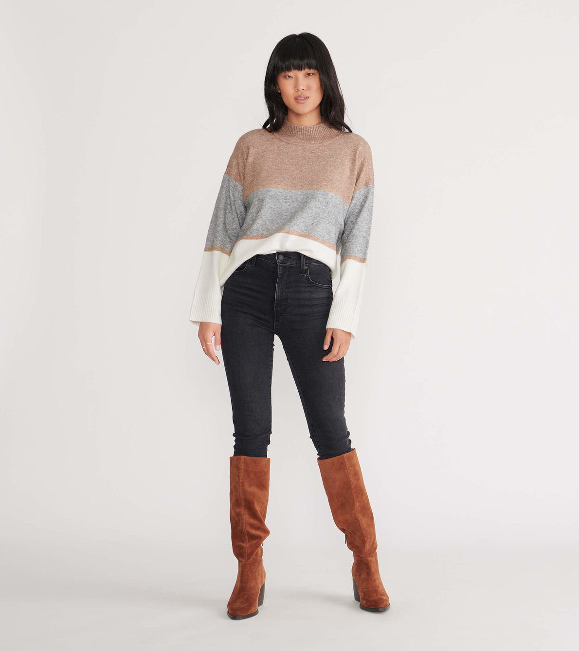 View larger image of Mock Neck Sweater - Camel Colour Block