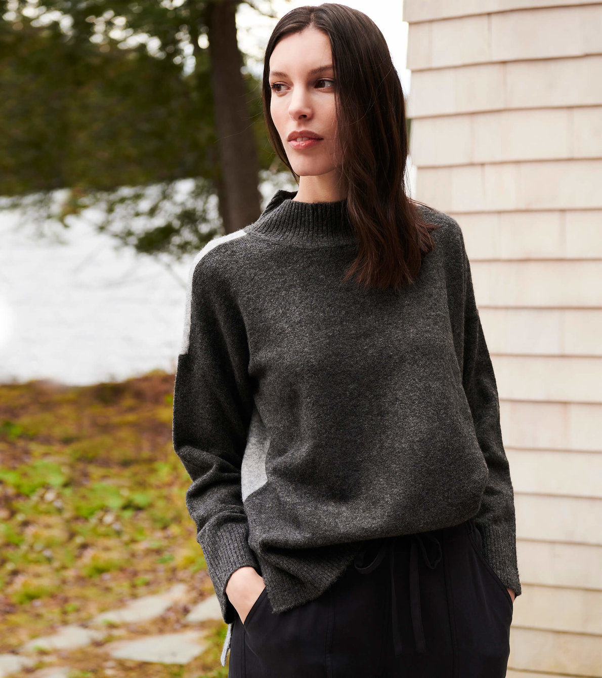 View larger image of Mock Neck Sweater - Charcoal Color Block
