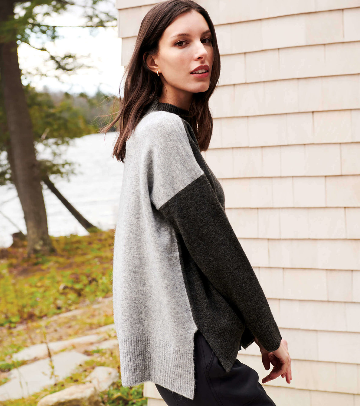 View larger image of Mock Neck Sweater - Charcoal Color Block