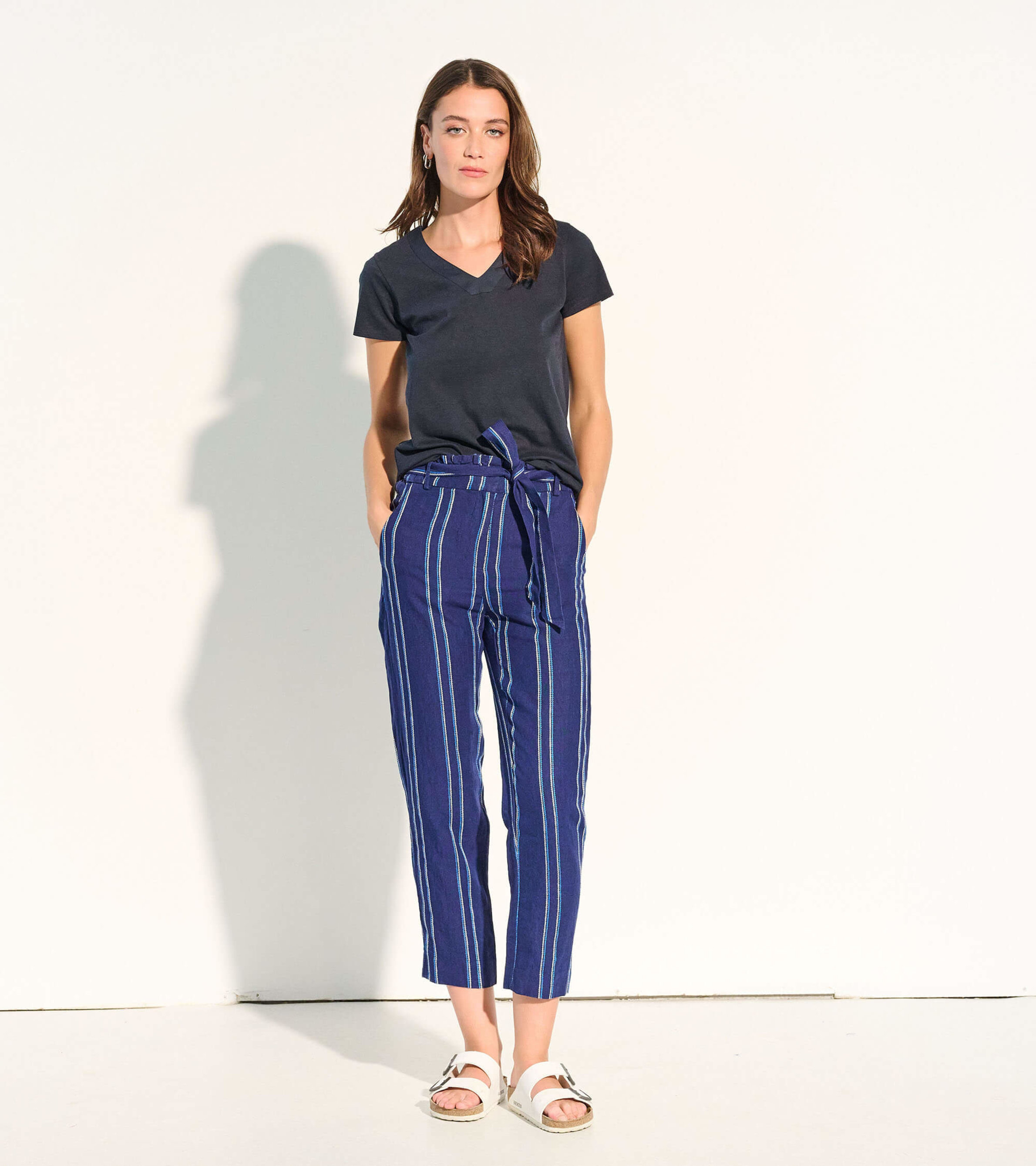 Paper bag trousers - Light beige/Black striped - Ladies | H&M IN
