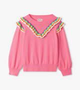 Girls Pink Rainbow Ruffle Sweater