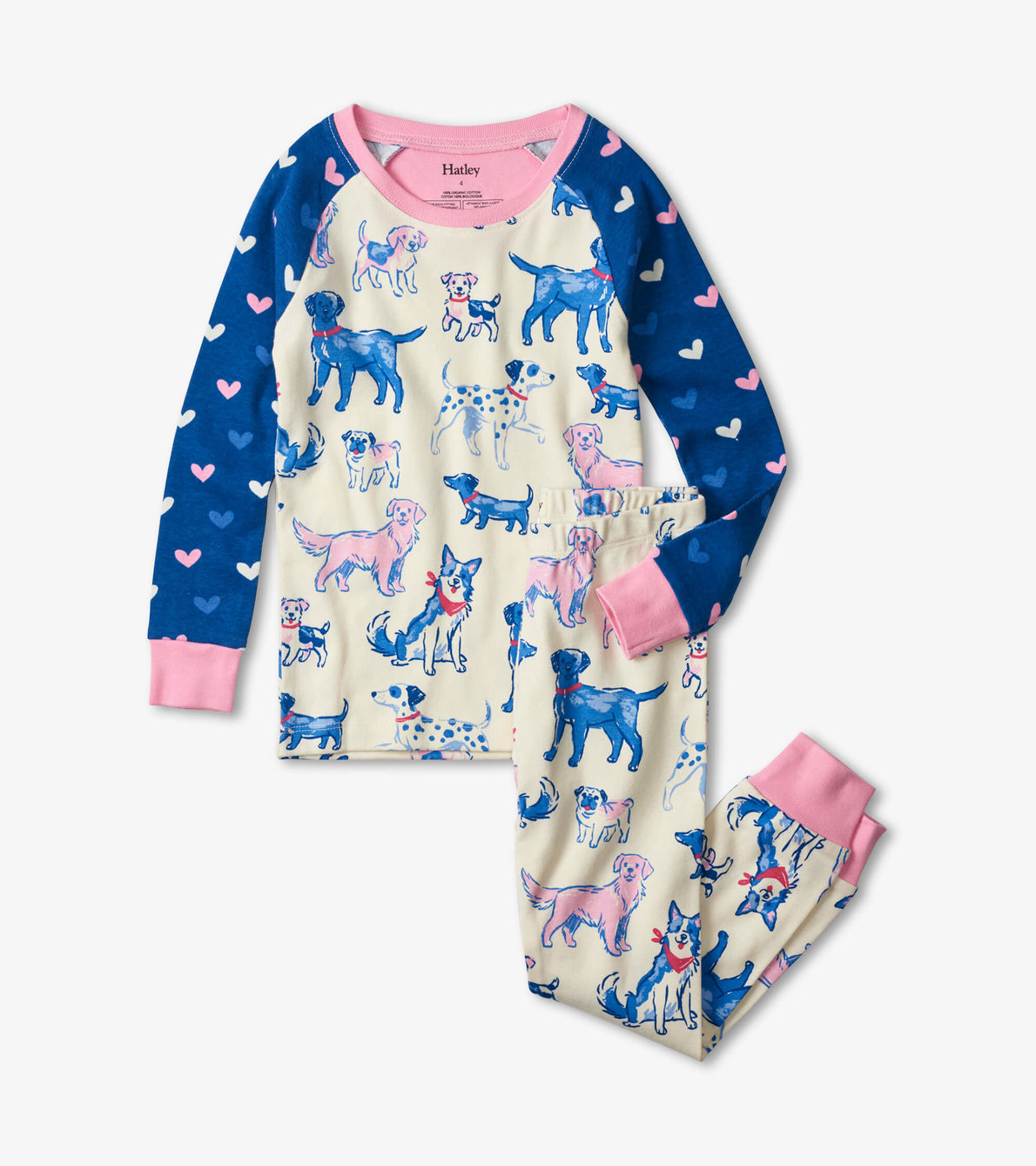 Agrandir l'image de Pyjama en coton biologique avec haut à manches raglan – Chiots gracieux, garnitures roses