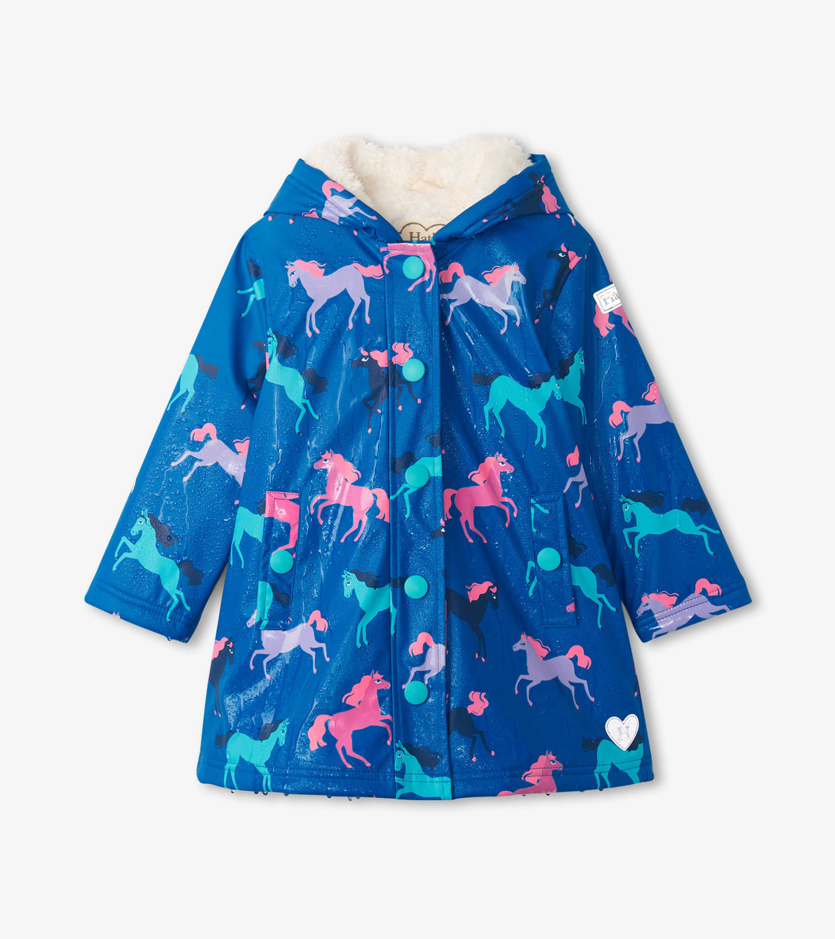 View larger image of Girls Prancing Horses Colour Changing Sherpa Lined Button-Up Raincoat