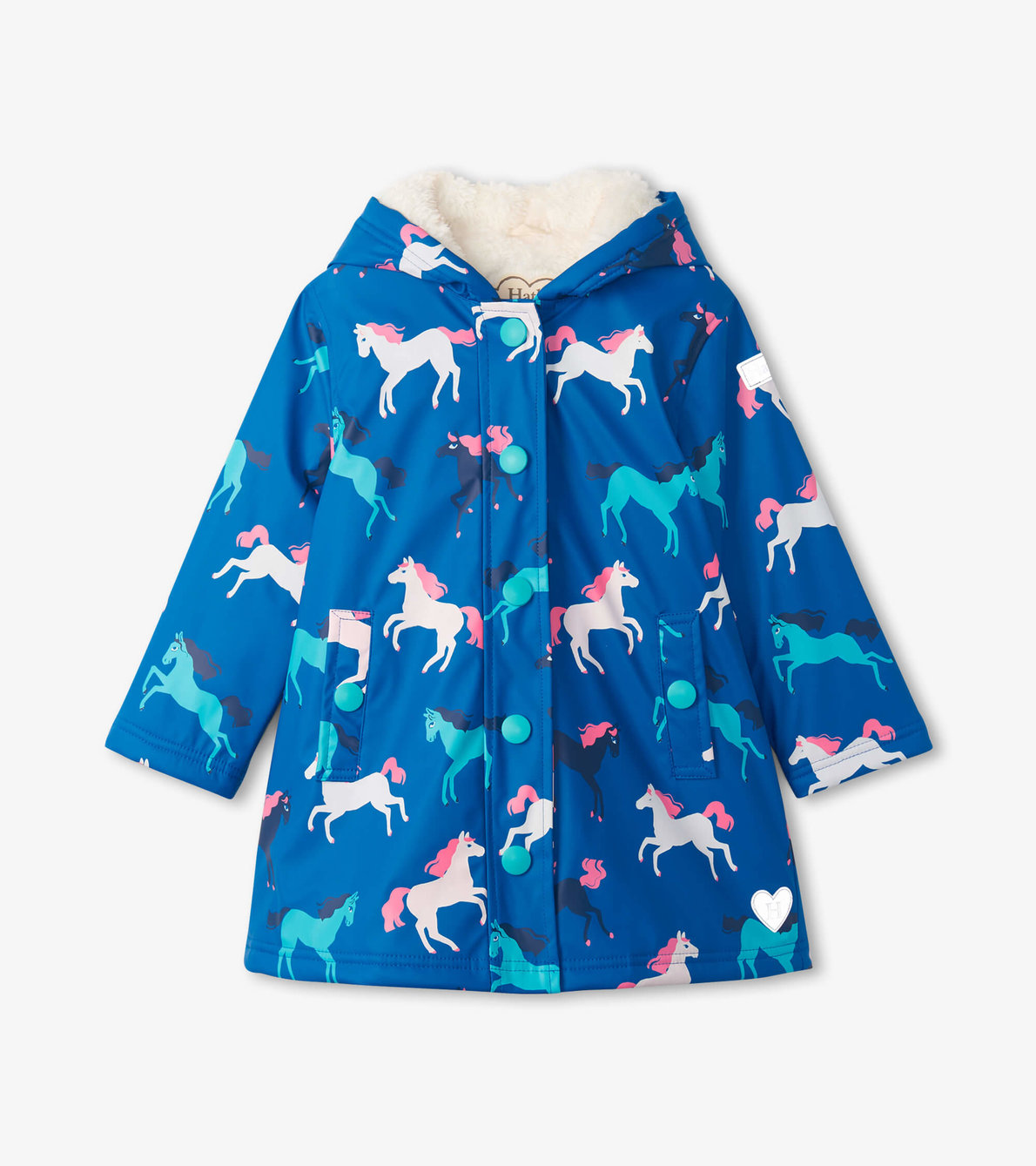 View larger image of Girls Prancing Horses Colour Changing Sherpa Lined Button-Up Raincoat