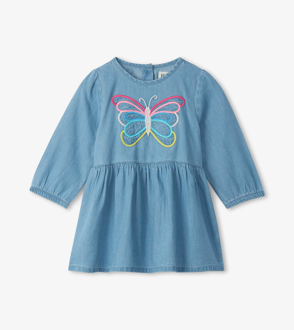 Agrandir l'image de Robe en denim à manches bouffantes pour bébé – Papillon multicolore