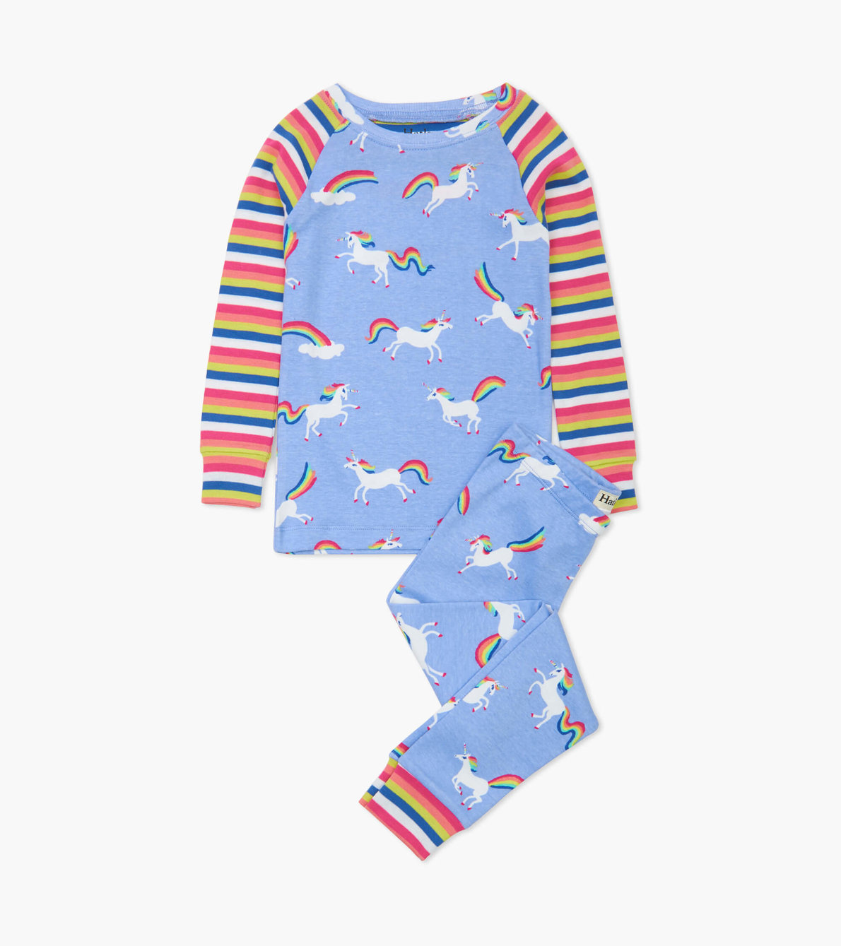 Agrandir l'image de Pyjama en coton biologique avec haut à manches raglan – Licornes et arcs-en-ciel