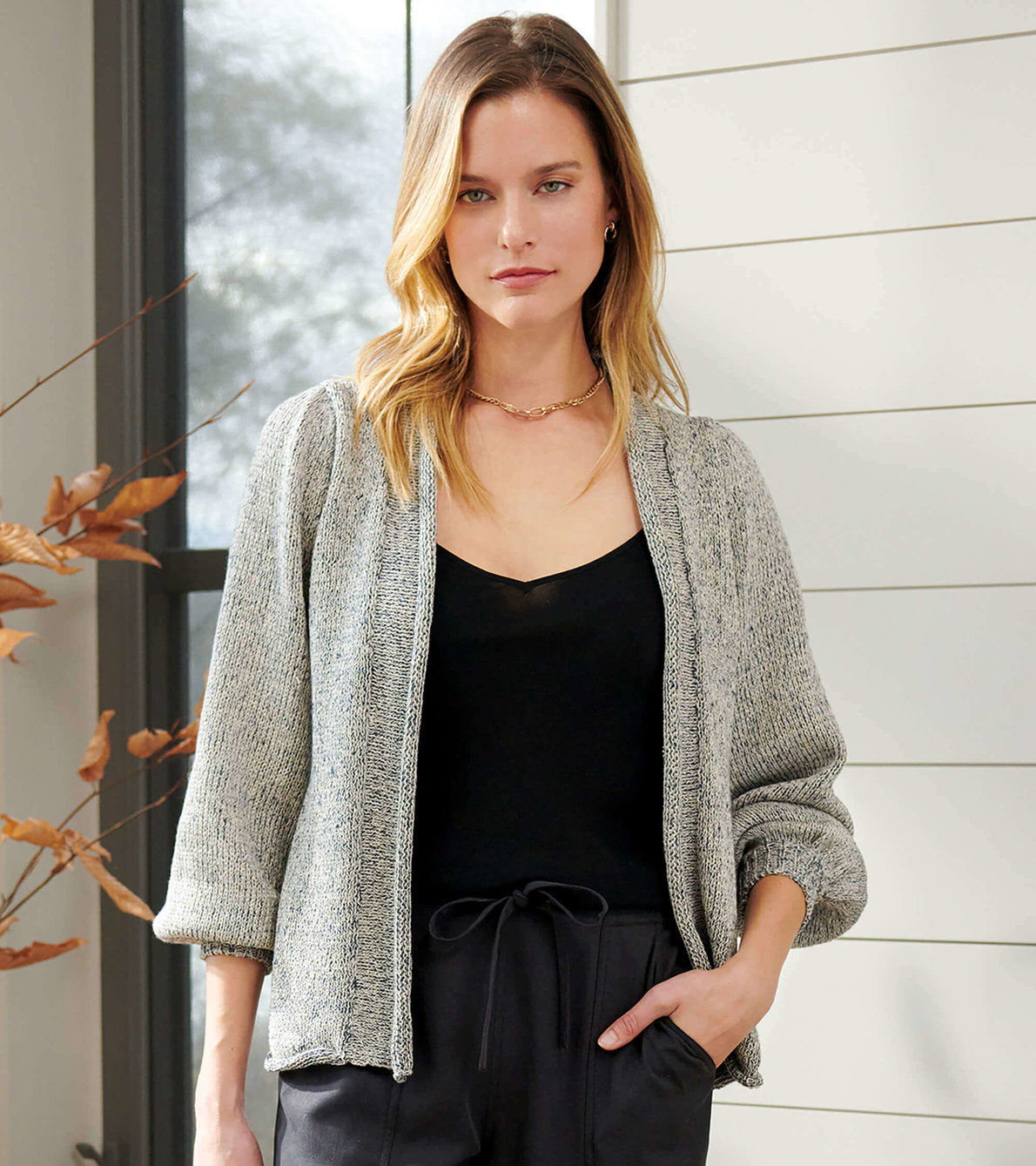 View larger image of Rolled Edge Cardigan - Cream and Blue Melange