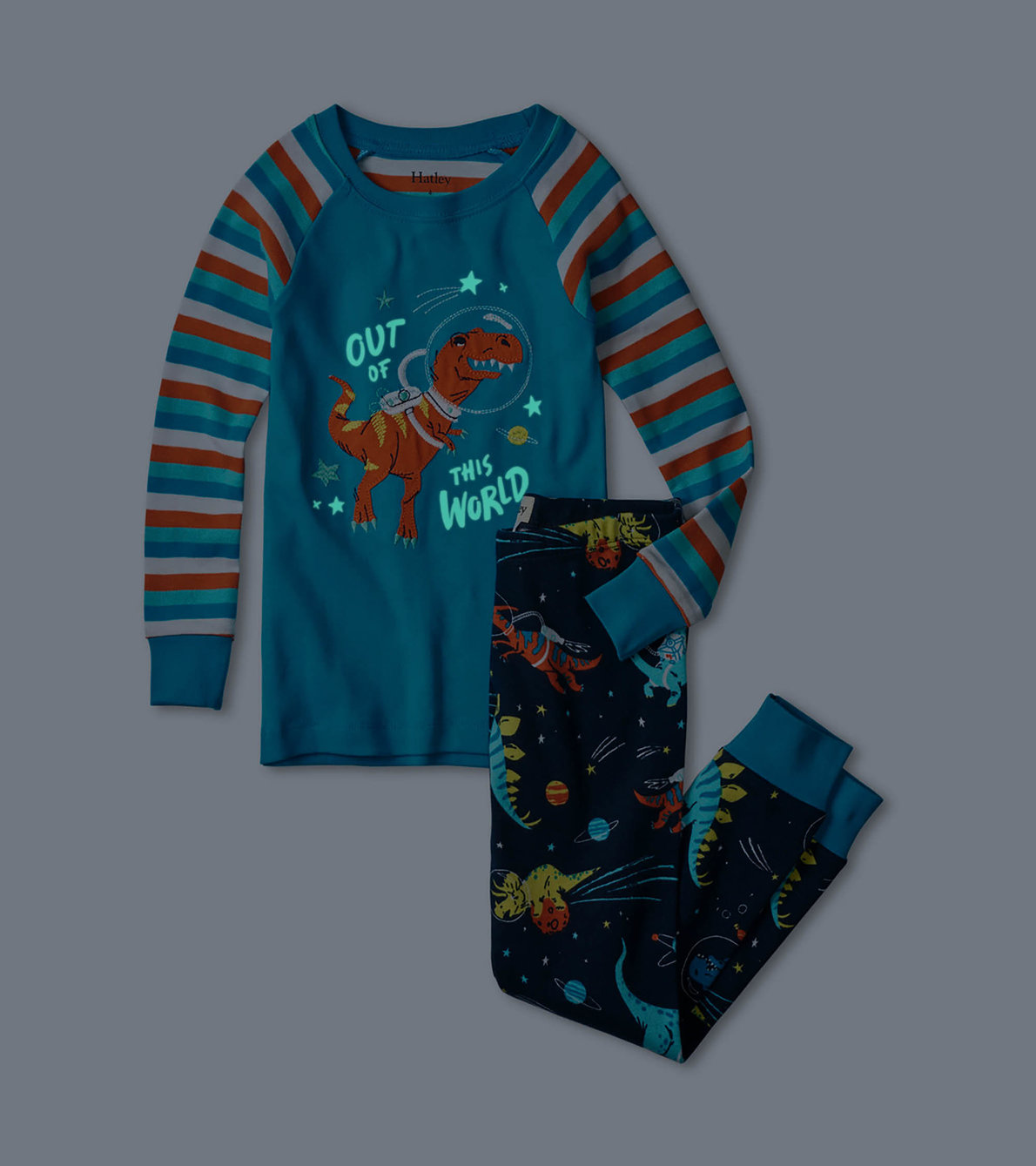View larger image of Space Dinos Glow In The Dark Appliqué Raglan Pajama Set