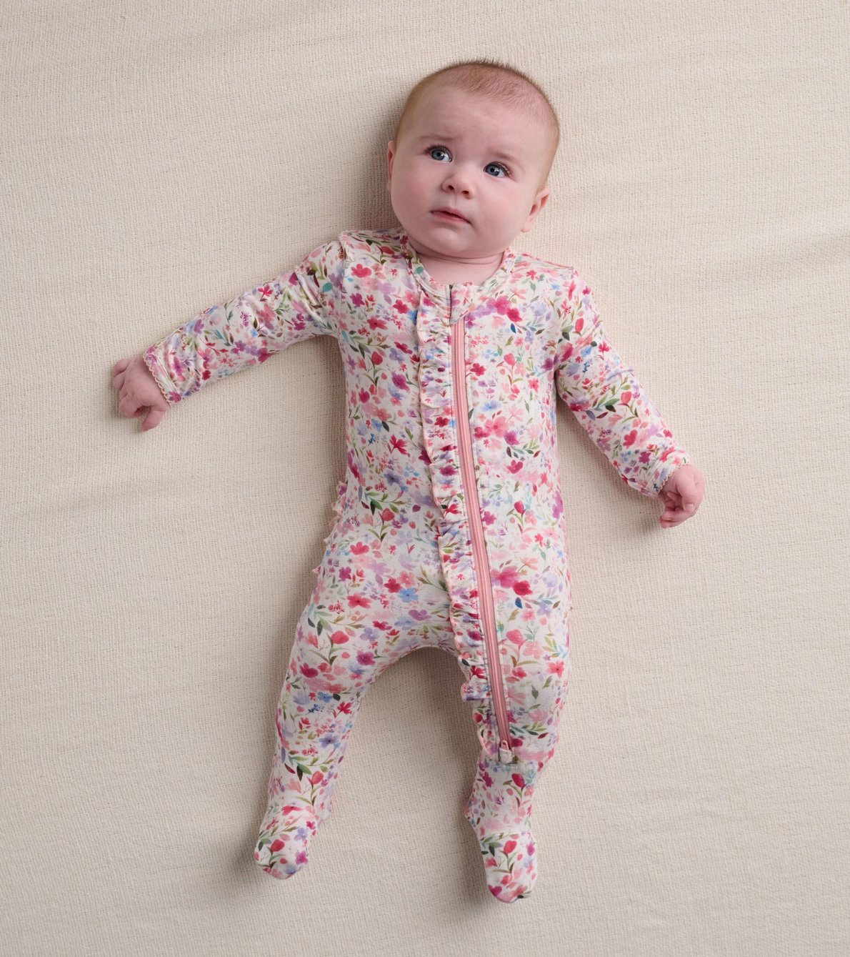 View larger image of Watercolour Flowers Baby Ruffle Bum Footed Coverall