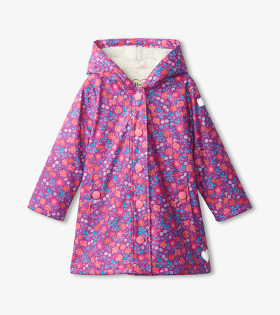 Girls Wild Flowers Sherpa Lined Button-Up Rain Jacket
